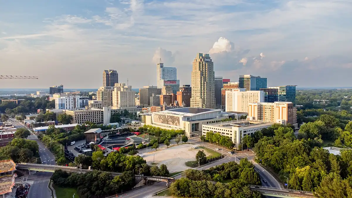 Aerial view of the downtown Raleigh, NC skyline